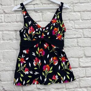 Lands' End 10D Floral V-Neck Tankini Swim Top Black Red Pink Orange Modest UPF 5